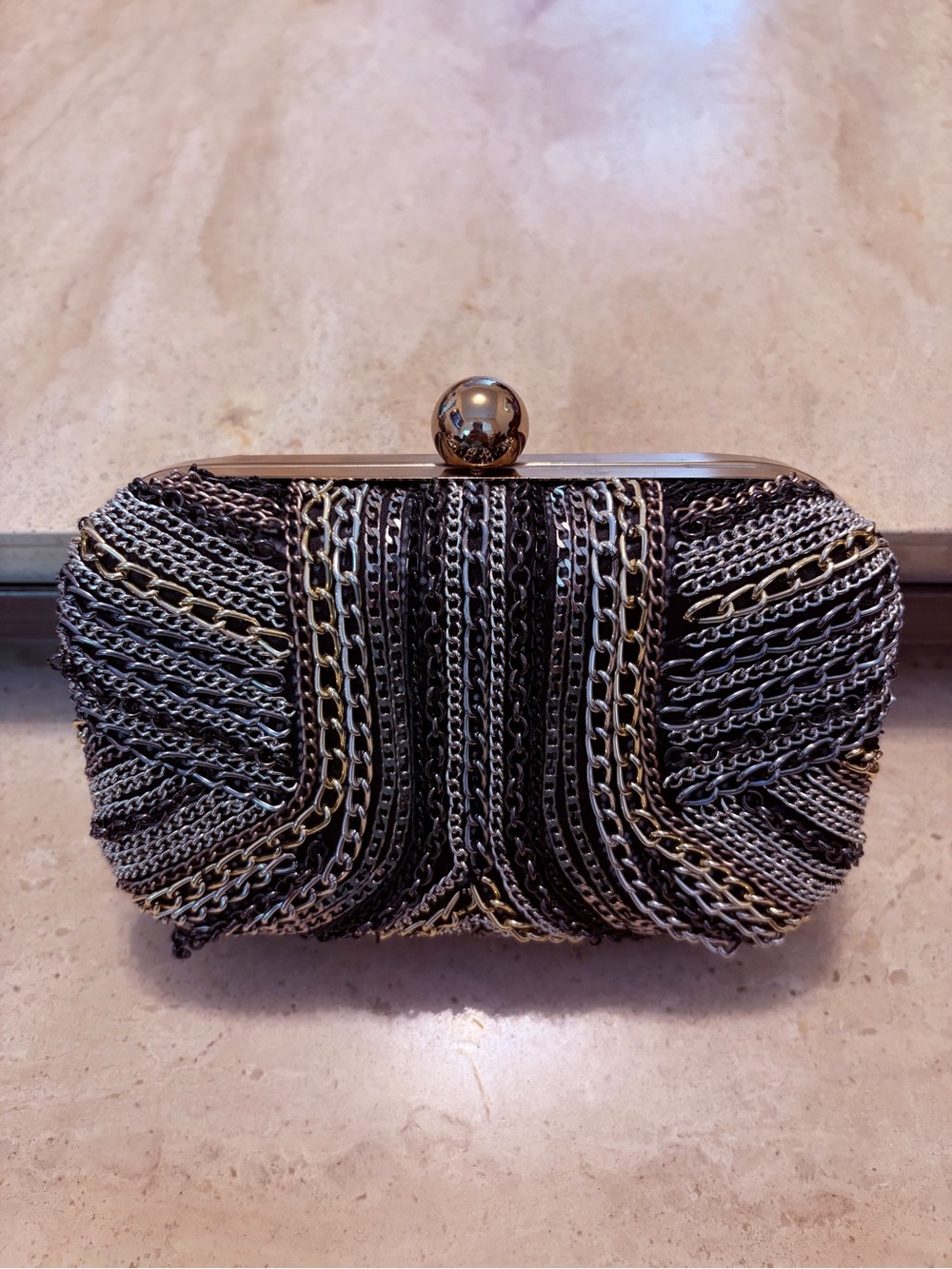 Jessica McClintock Chain-Embellished Black and Gold Evening Clutch